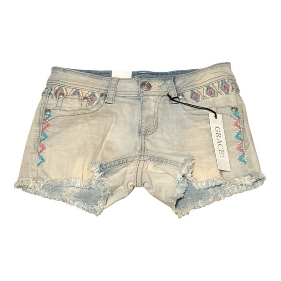 Grace Jean Shorts with Distressed Hem Turquoise and Pink Embroidered 27 - Picture 2 of 5